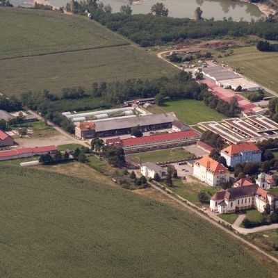 Vue aérienne : une partie de l’institut Saint-André entouré de champs