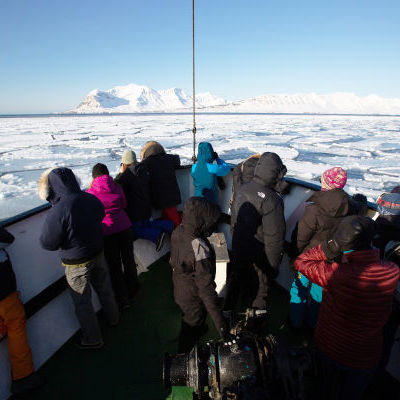 Sur la banquise, devant un glacier